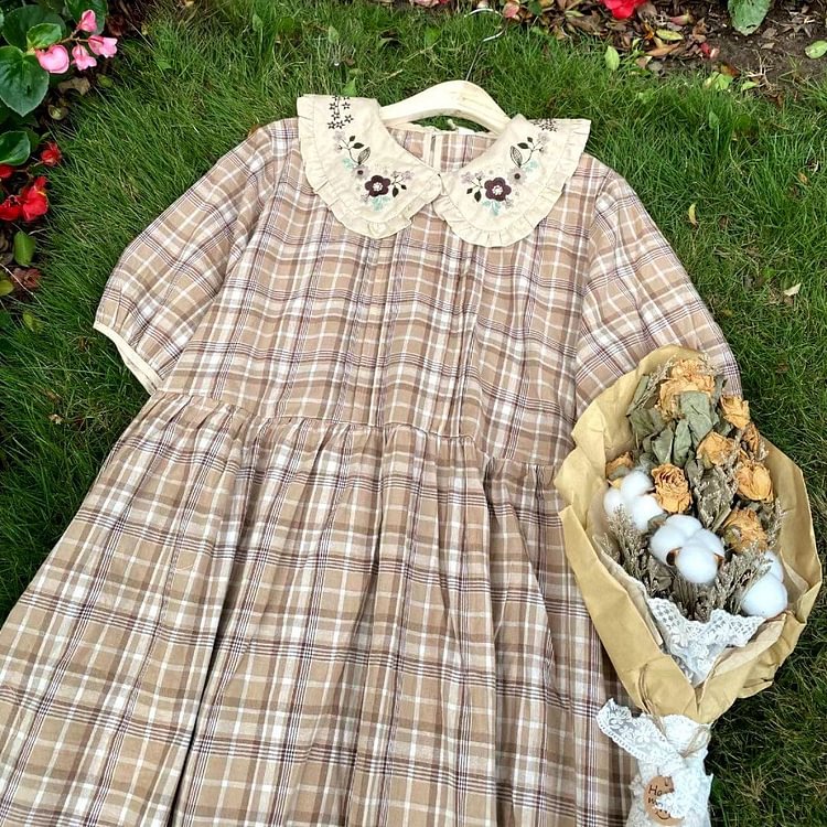 Queenfunky cottagecore style Floral Embroidered Collar Plaid Dress QueenFunky