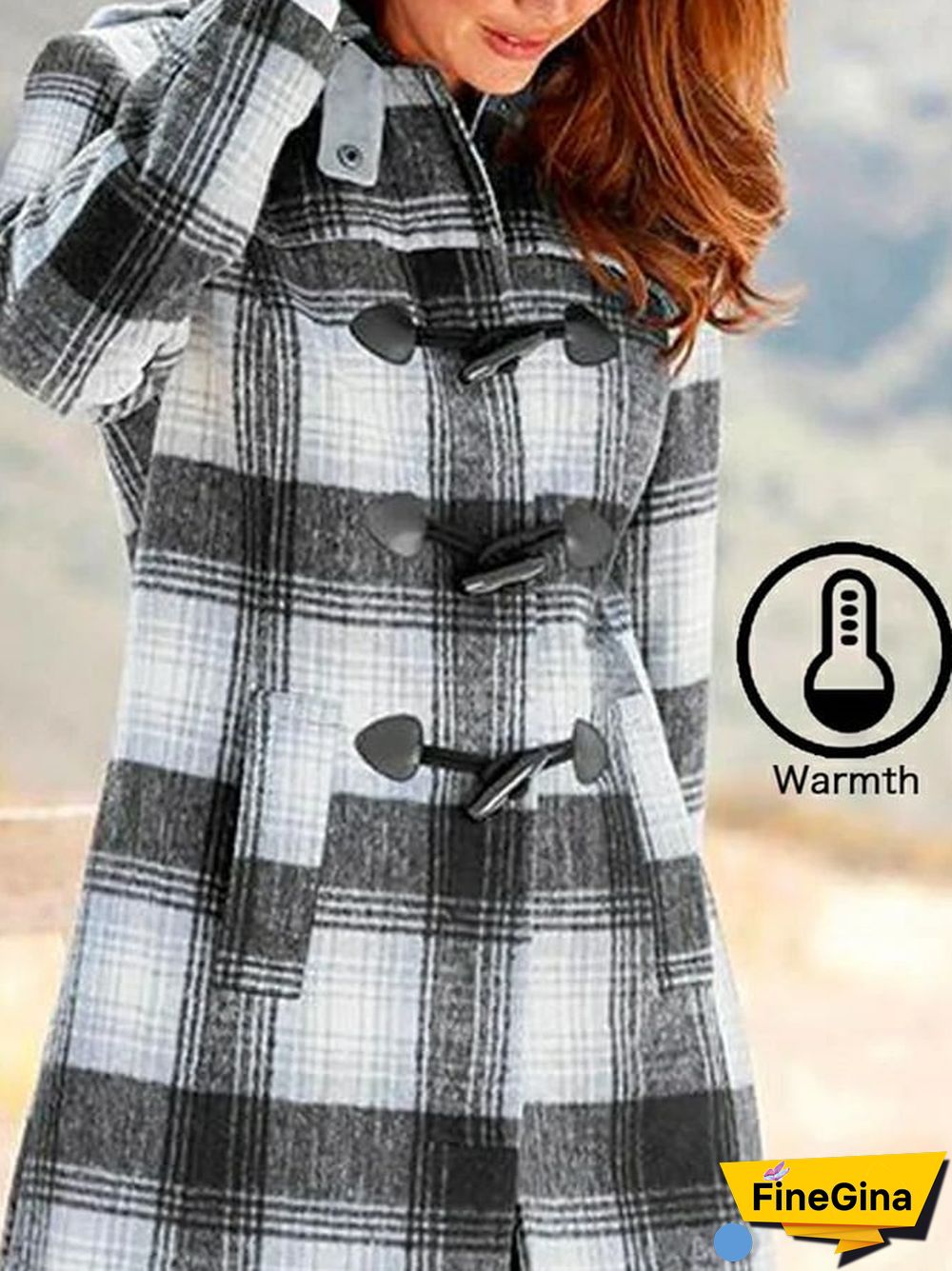 Women's Fashion Open Pocket Button Hooded Plaid Coat
