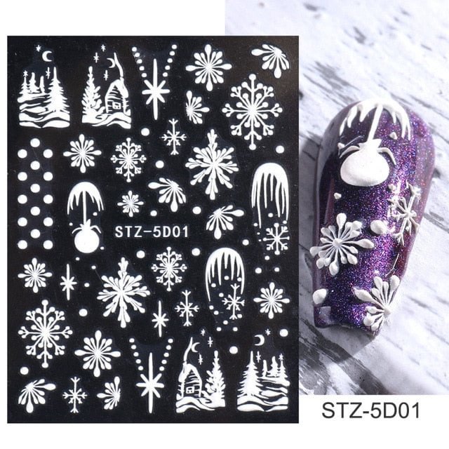 Nail Stickers Embossed 5D Elegant French V-Shaped Snowflake Designs Back Glue Nail Decals Tips For Beauty Salons