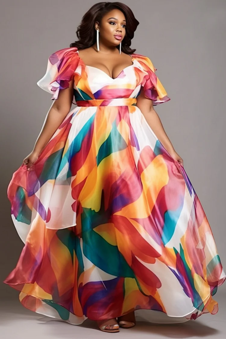 Xpluswear Design Plus Size Semi Formal Multicolor All Over Print Petal Sleeve Short Sleeve Organza Maxi Dresses [Pre-Order]