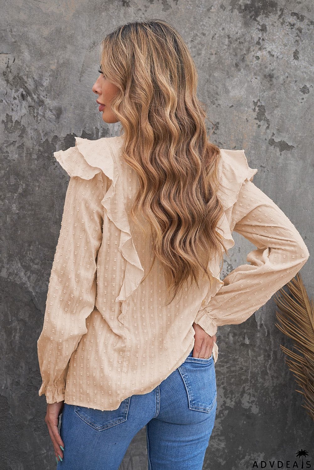 Dotted Texture Sheer Ruffles Bubble Sleeves Shirt