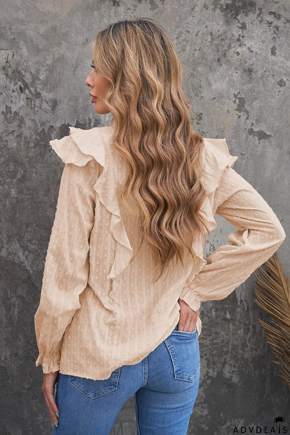 Dotted Texture Sheer Ruffles Bubble Sleeves Shirt