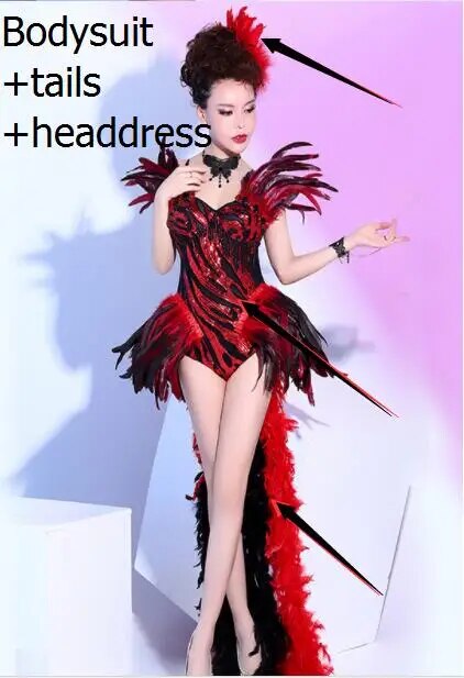 VCSHOES Women Ballroom Performance Costume Bar Stage Wear Red Sequins Feather Bodysuit Backless Trailing Dance Dress Drag Queen Costume