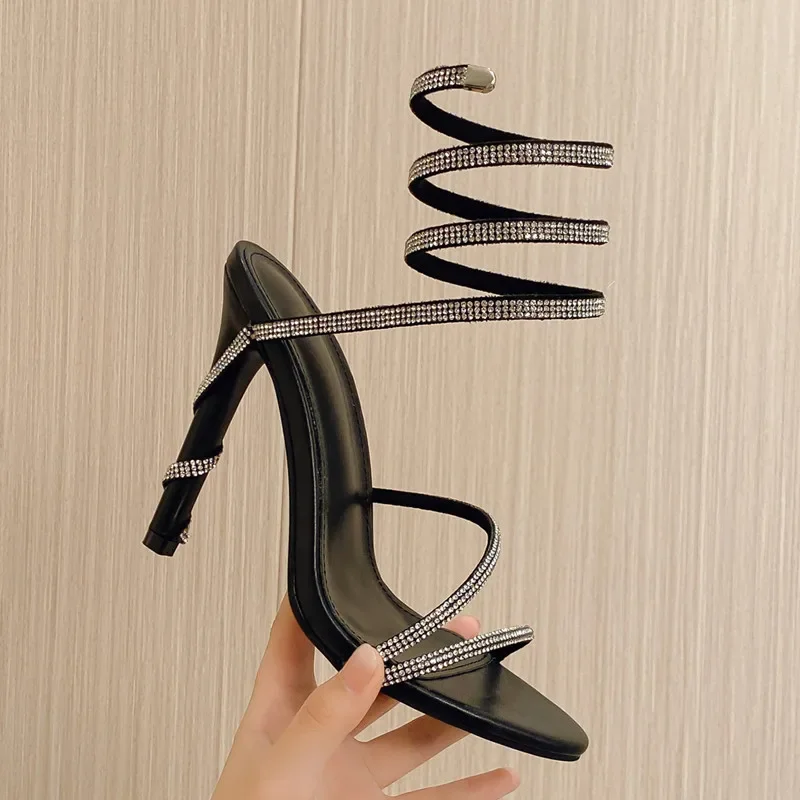 Summer Luxury Crystal Snake Coiled Women Sandals Sexy Narrow band Thin High heels Wedding Party Female Gladiator Shoes