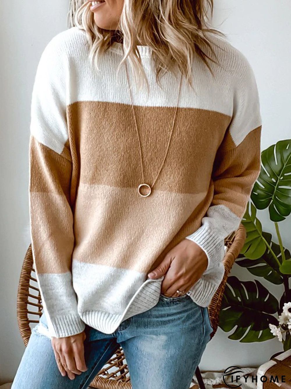 Khaki Casual Color-Block Cotton-Blend Round Neck Tunic Sweater Knit Jumper | IFYHOME