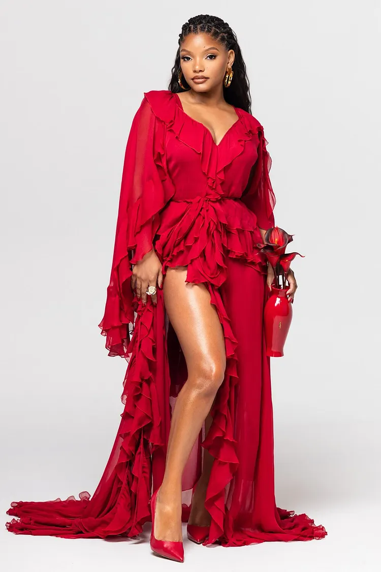 Ruffled V Neck Cape Sleeve High Slit Party Maxi Dresses-Red [Pre Order]