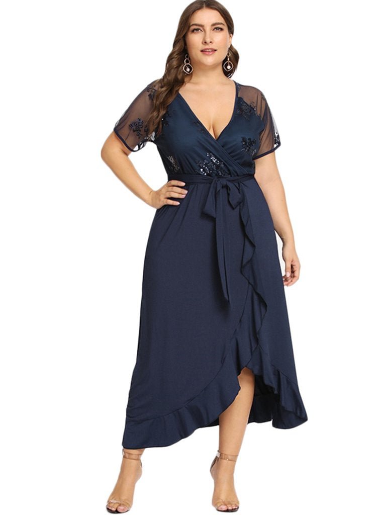 Plus Size Dress V Neck Ruffle Belted Maxi Dress