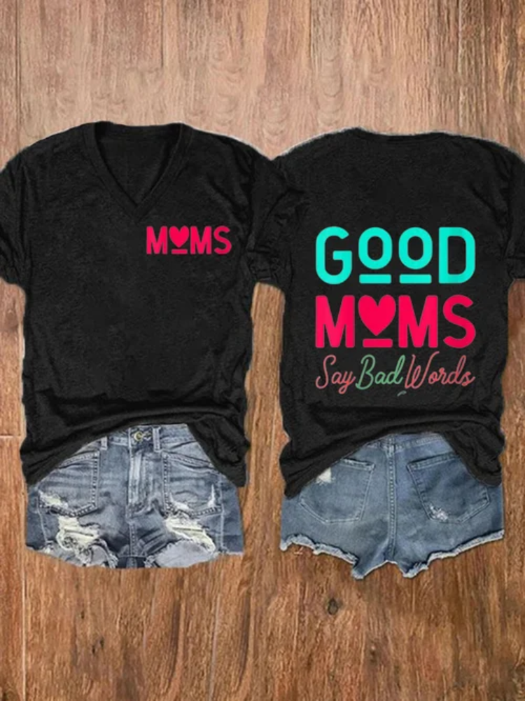 Women's Good Moms Say Bad Words Print V-Neck Casual T-Shirt