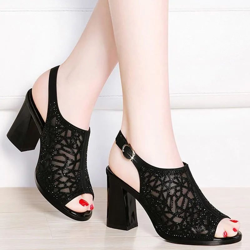 Women Peep Toe High Heels Mesh Hollow Out Pumps Sandals Crystal Back Strap Party Shoes