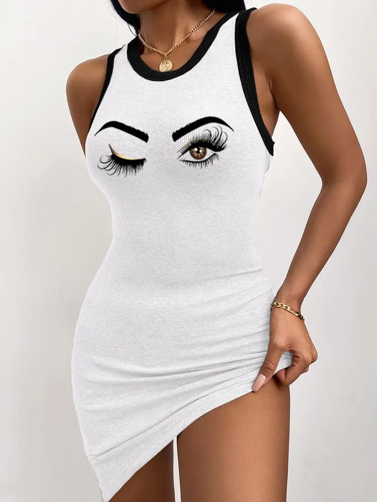 Eye-catching Eye Print Round Neck Ribbed Tank Dress