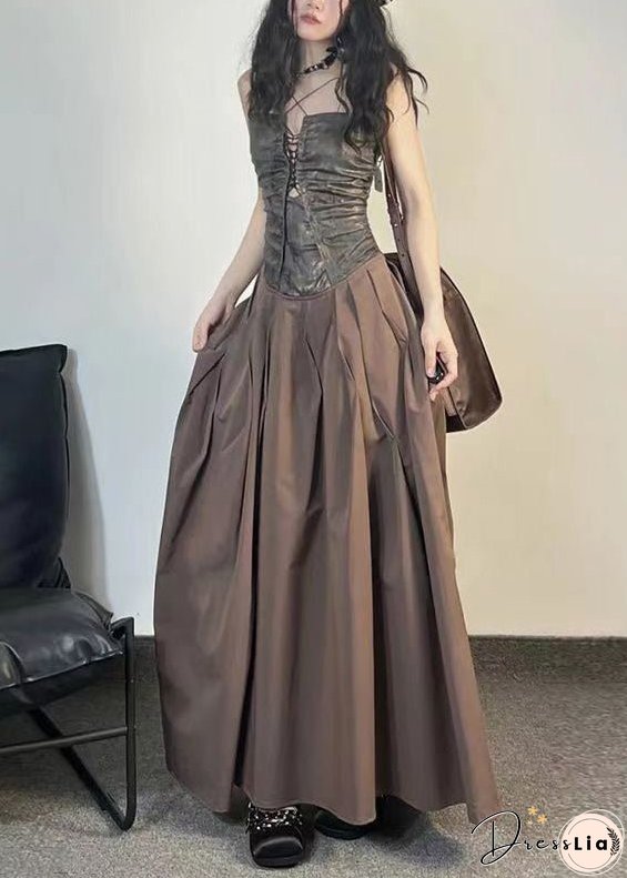 Unique Coffee Pockets Patchwork Cotton Spaghetti Strap Dress Sleeveless