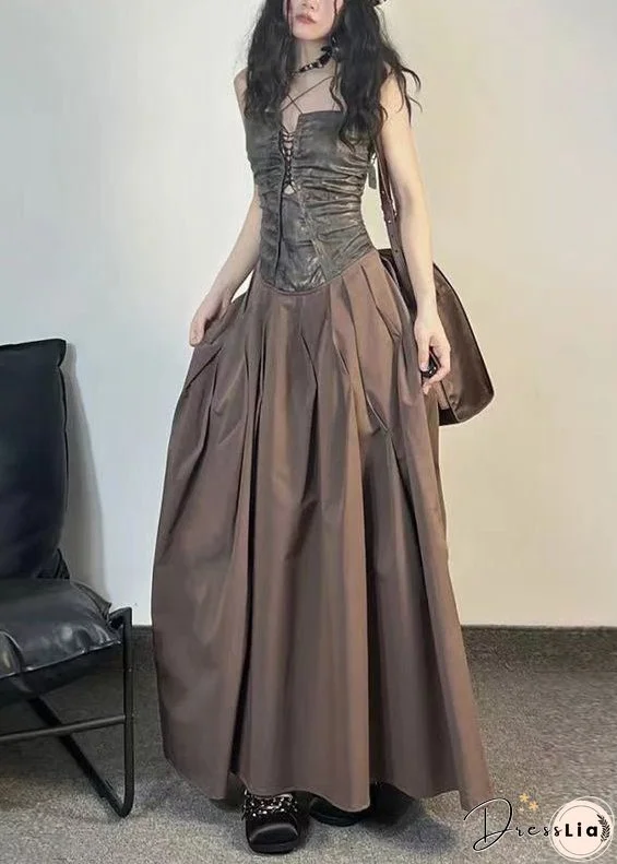 Unique Coffee Pockets Patchwork Cotton Spaghetti Strap Dress Sleeveless