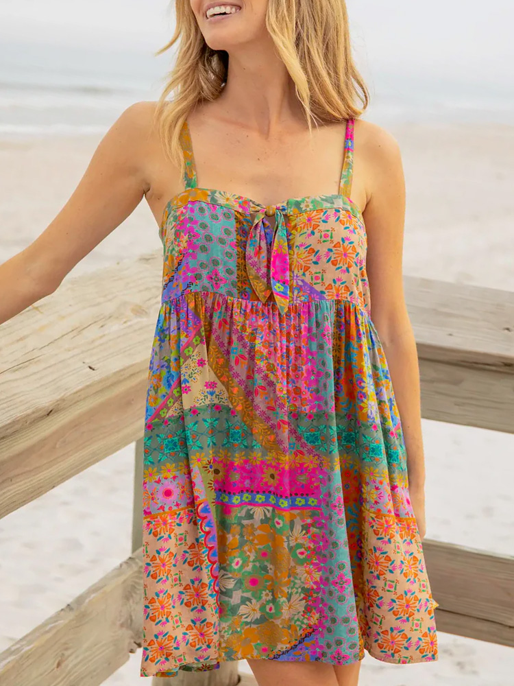 Comstylish Women's Casual Floral Print Cotton And Linen Dress