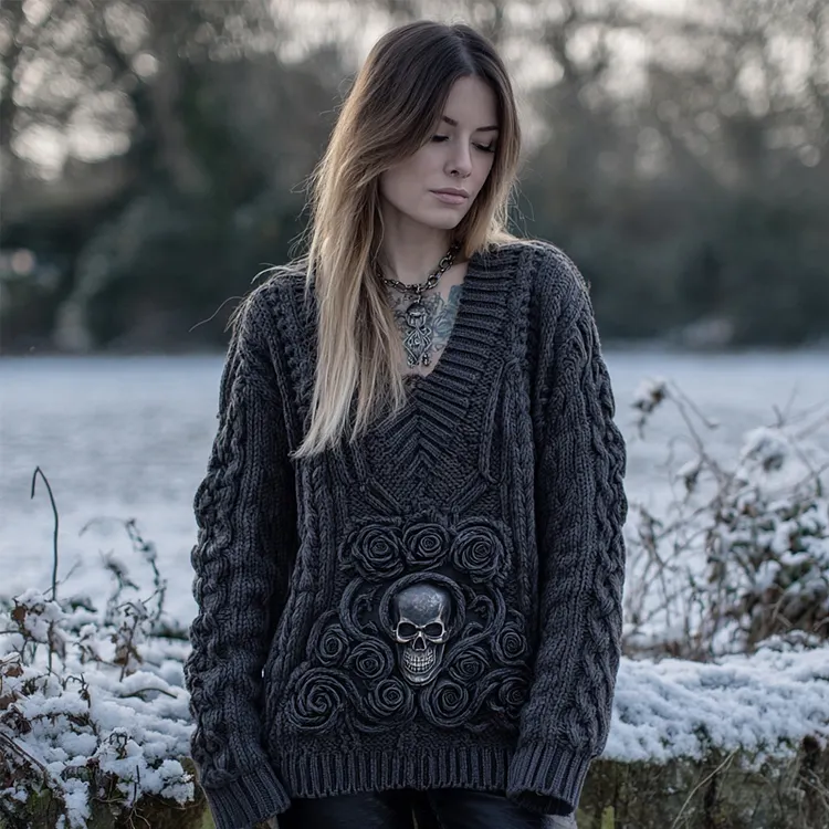 Gothic Skull & Roses Vintage V Neck Cozy Knit Sweater
