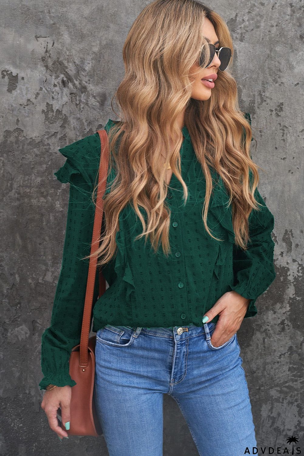 Dotted Texture Sheer Ruffles Bubble Sleeves Shirt