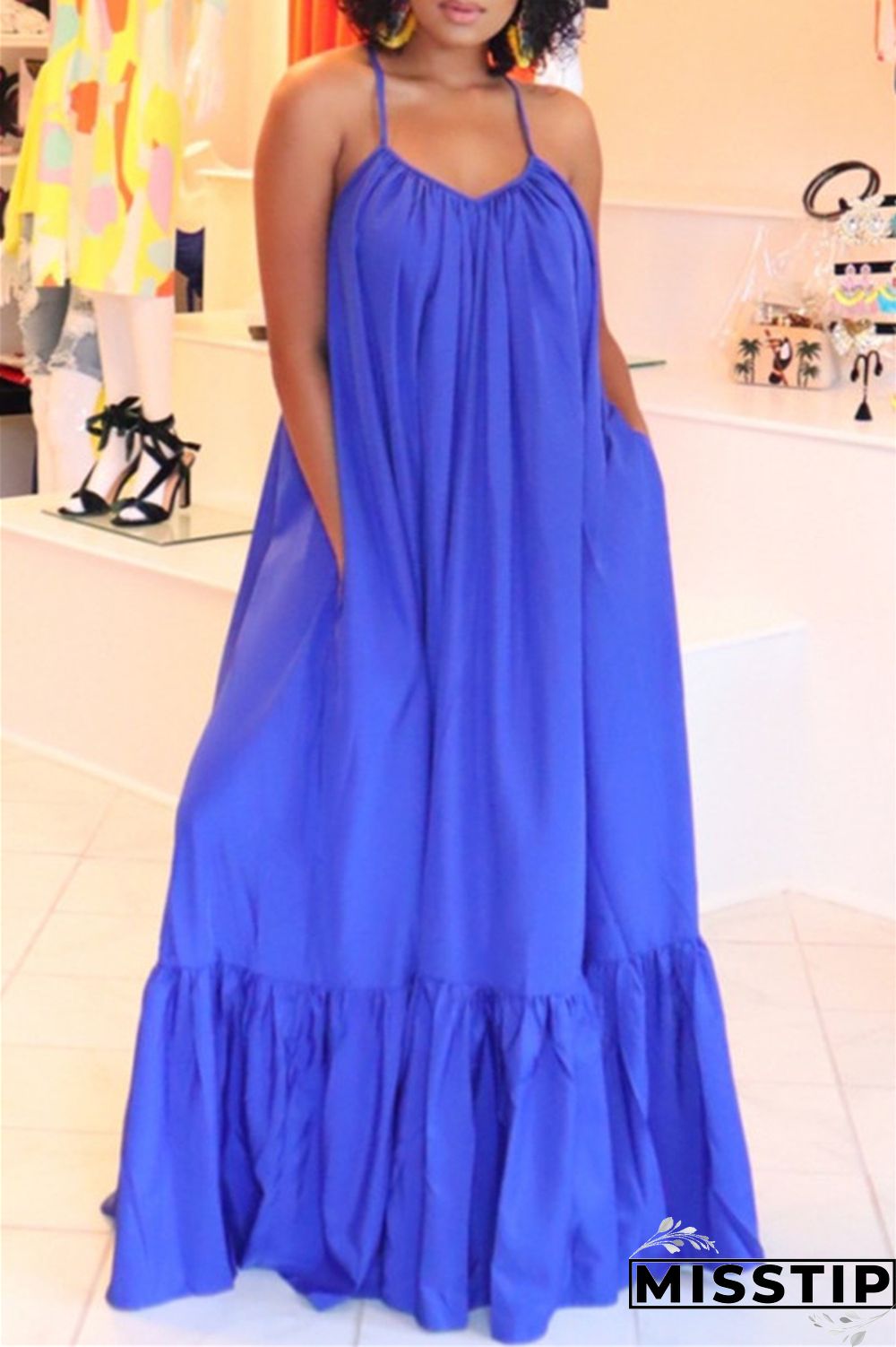 Pink Sexy Casual Solid Backless Spaghetti Strap Loose Sling Dress