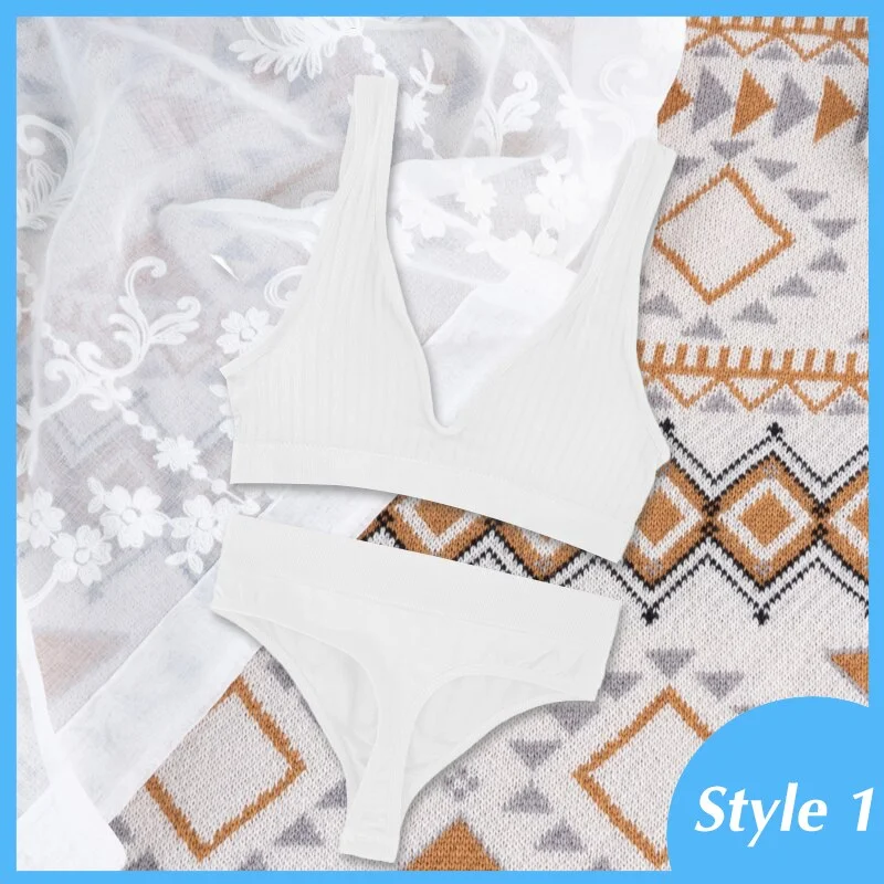 Women Seamless Bra Set Sexy Thong Low Waist Panties Wire Free Bra Push Up Bralette Lingerie Deep V Backless Underwear Set