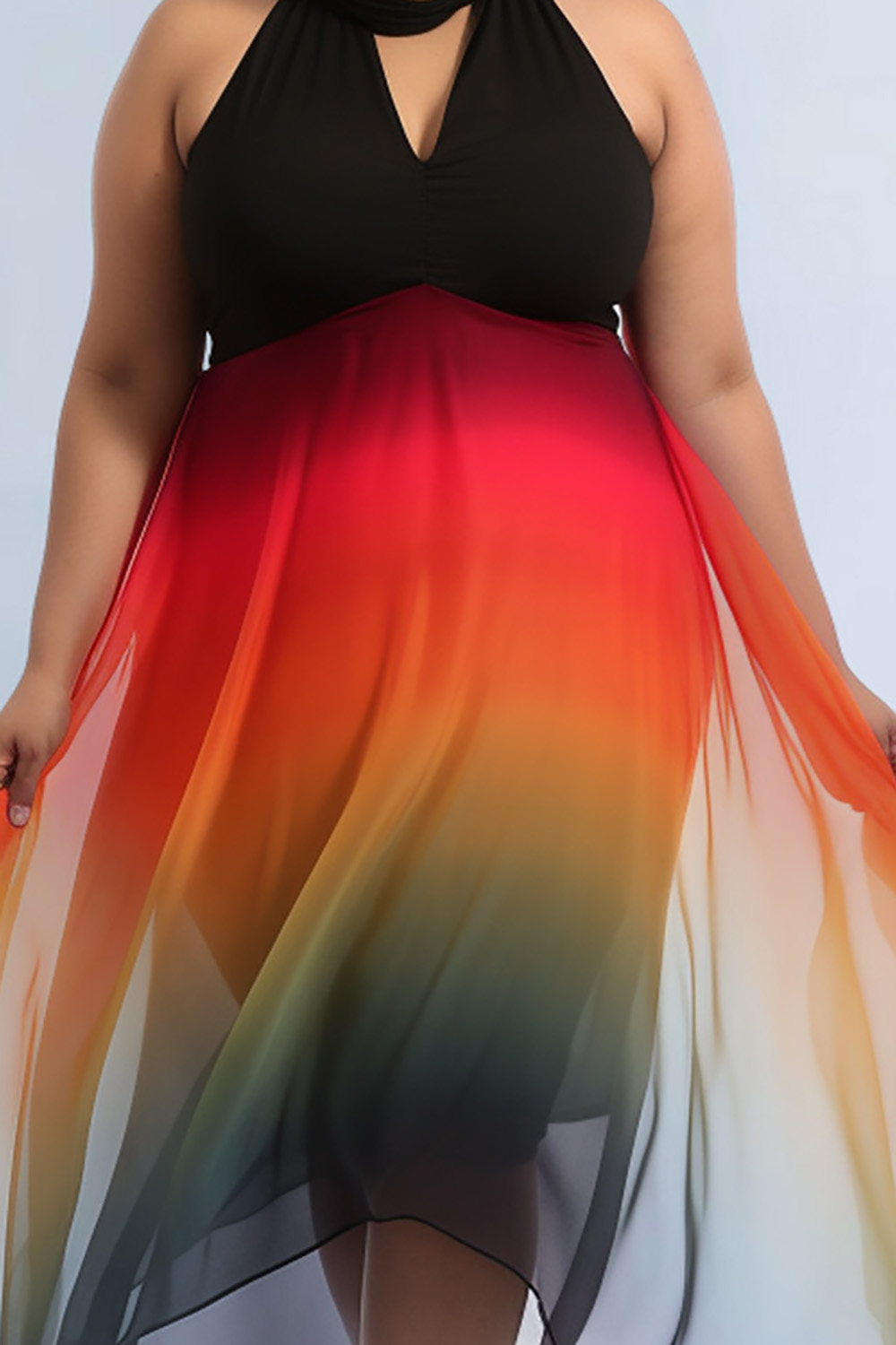 Design Plus Size Party Multicolor Colorblock Halter Collar Cut Out Tulle Midi Dresses [Pre-Order]