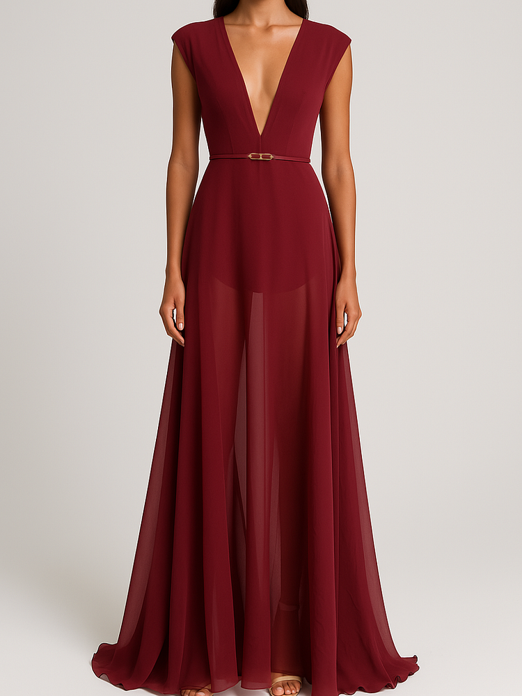 Burgundy Deep V Neck Sleeveless Dress