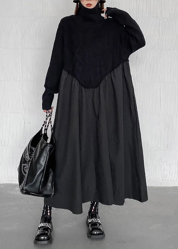 Boutique Black Turtleneck Patchwork Wrinkled Knit Maxi Dresses Winter