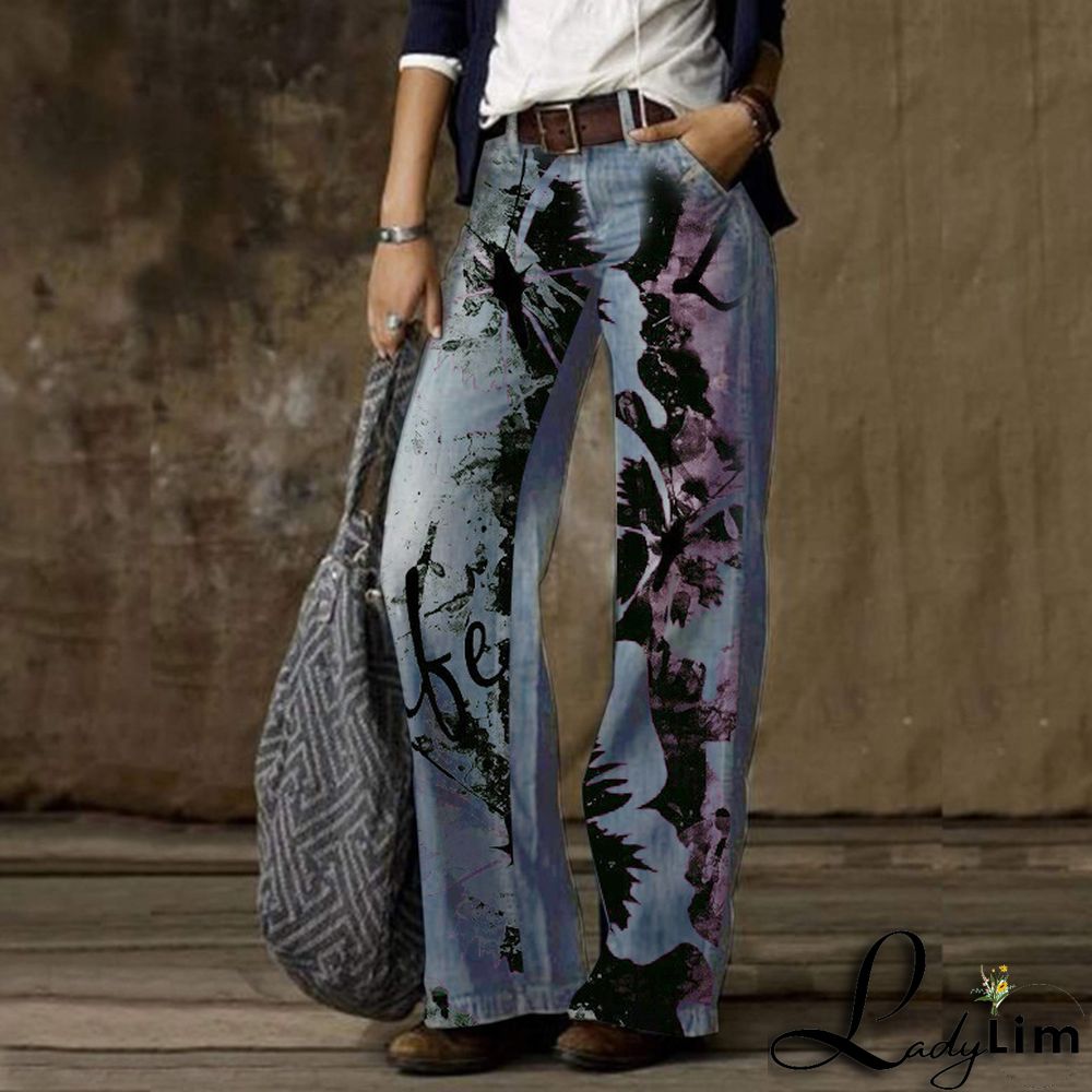 Vintage Fashion Casual Straight Wide Leg Ladies Denim Pants