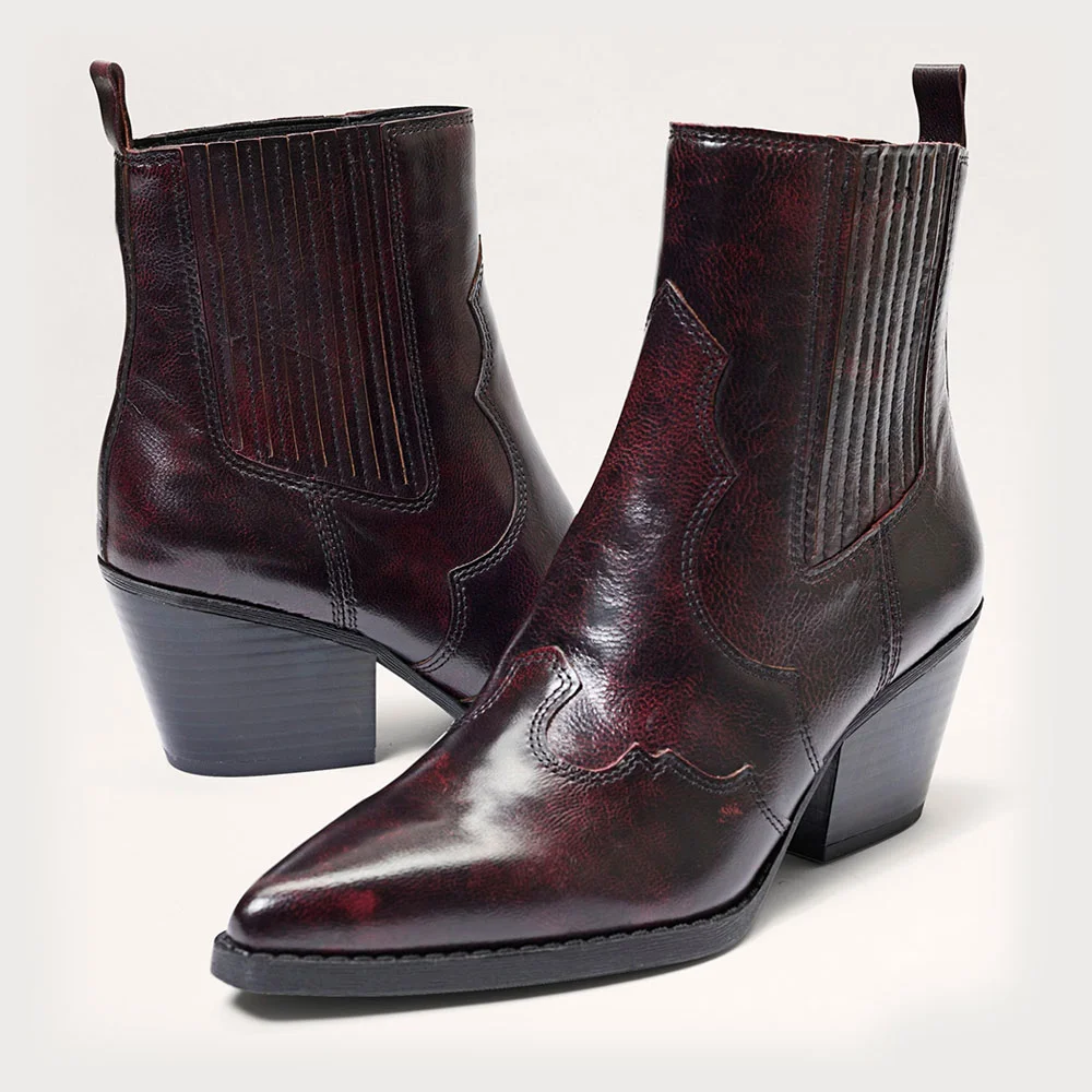 Women's Pointed Toe Chunky Heel Stitching Short Cowgirl Boots in Maroon