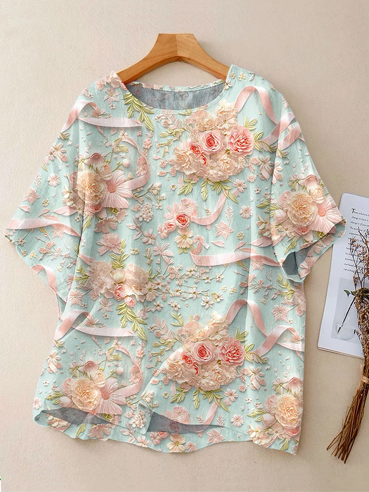 Women's Vintage Floral Art Print Casual Linen Crew Neck Shirt