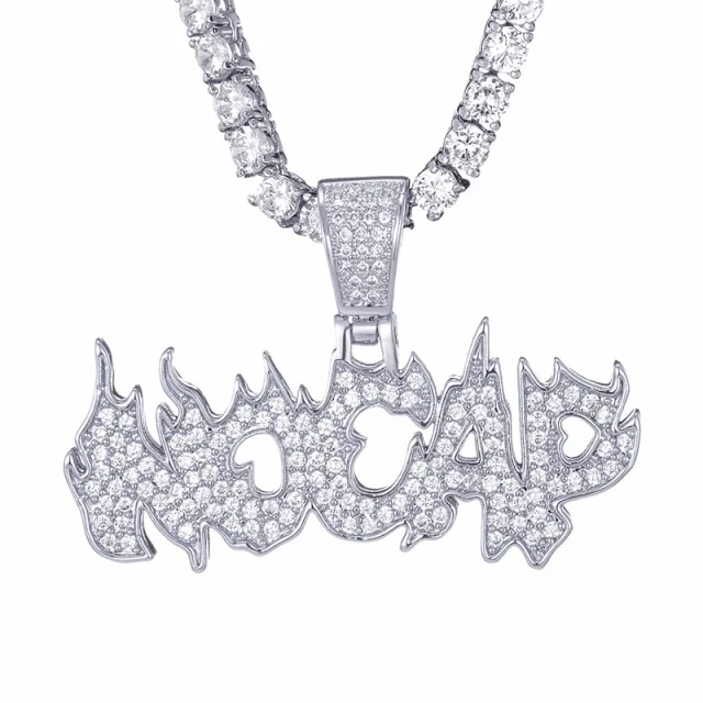 Iced Out NO CAP Flame Letters Pendant Necklace Bling Jewelry-VESSFUL
