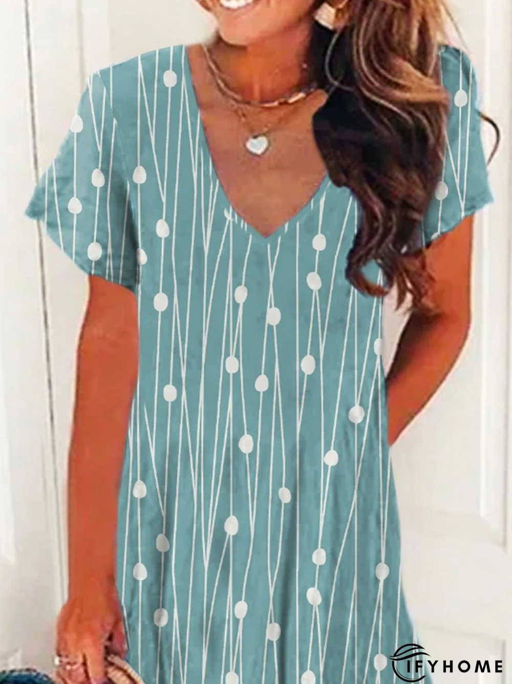 Polka Dots Short Sleeve V Neck Casual Dresses | IFYHOME