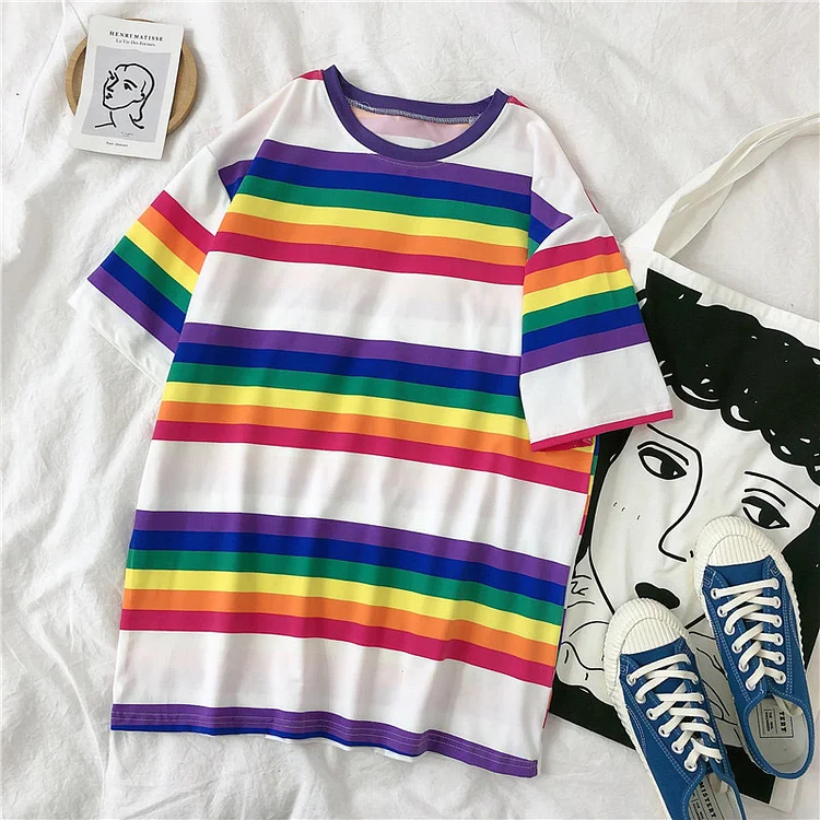 Rainbow Stripe Colorblock Casual T-Shirt  - Modakawa Modakawa