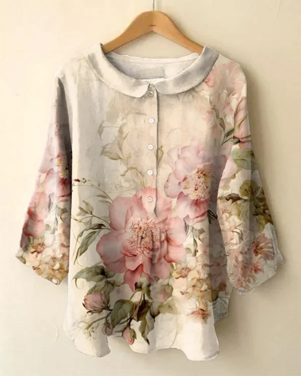 Vintage Long Sleeve Peter Pan Collar Floral Print Shirt