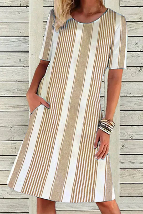 Linen Striped Short Sleeve Dress