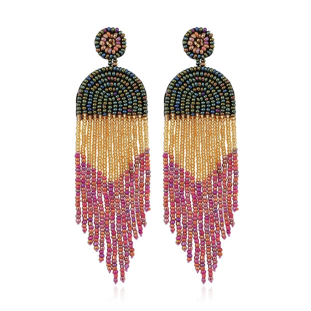 Dvacaman Bohemian Colourful Weave Beaded Flower Statement Drop Earrings Women Ethnic Handmade Seed Beads Dangle Earrings Jewelry