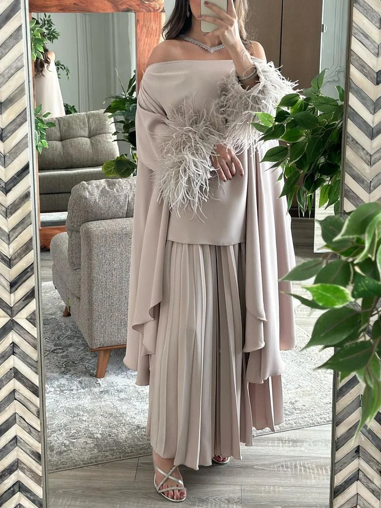 Off The Shoulder Feather Sleeve Shawl and Pleated Dress