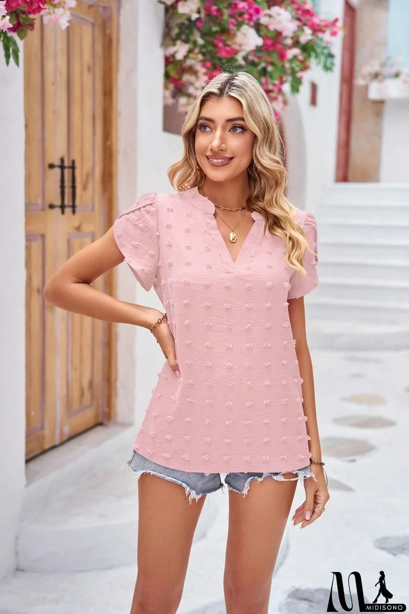 MidiSono - Swiss Dot Petal Sleeve Notched Top