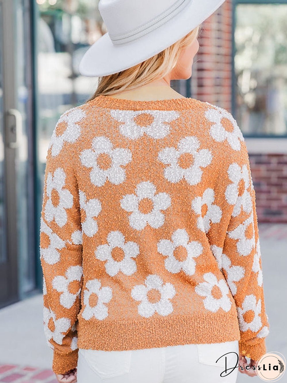 Grapefruit Orange Floral Knit Drop Shoulder Sweater with Fuzzy Texture