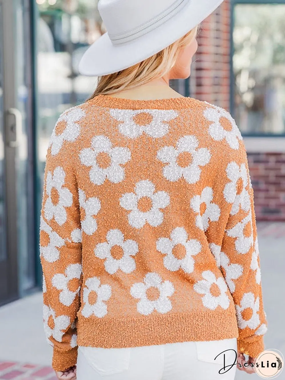 Grapefruit Orange Floral Knit Drop Shoulder Sweater with Fuzzy Texture