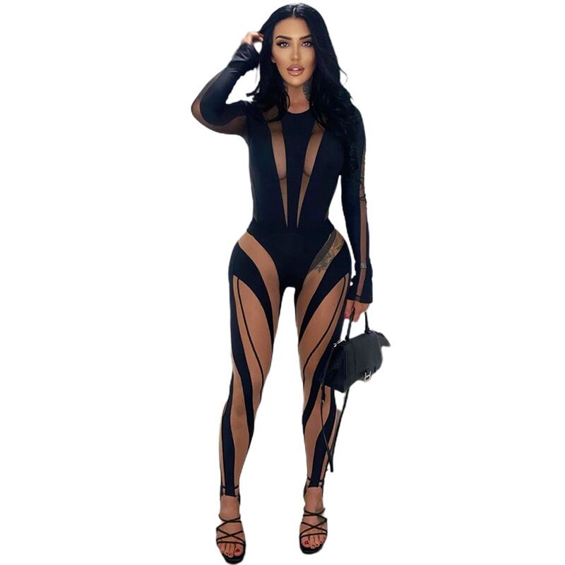 Yiallen Sexy Mesh Patchwork Bodysuit Women Solid Long Sleeve Hipster Cleavage Body-Shaping One Piece Party Style Female Clubwear
