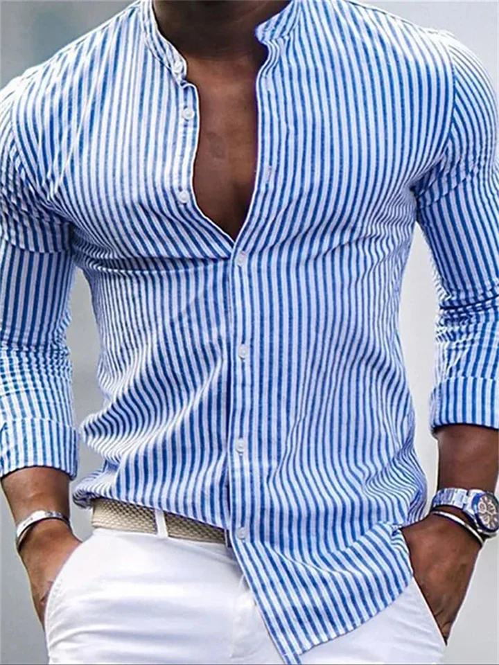 Men's Shirt Button Up Shirt Casual Shirt Summer Shirt Beach Shirt Pink Blue Green Long Sleeve Striped Stand Collar Spring & Summer Hawaiian Holiday Clothing Apparel Print-Cosfine