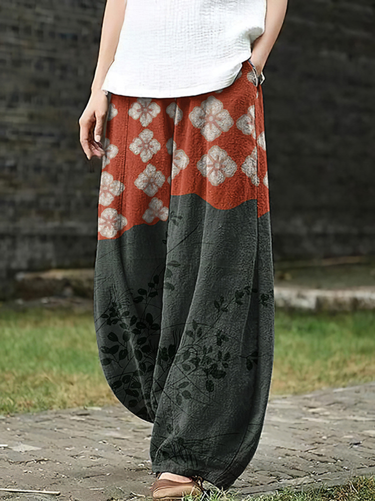 Comstylish Japanese Art Flower Print Loose Casual Pants