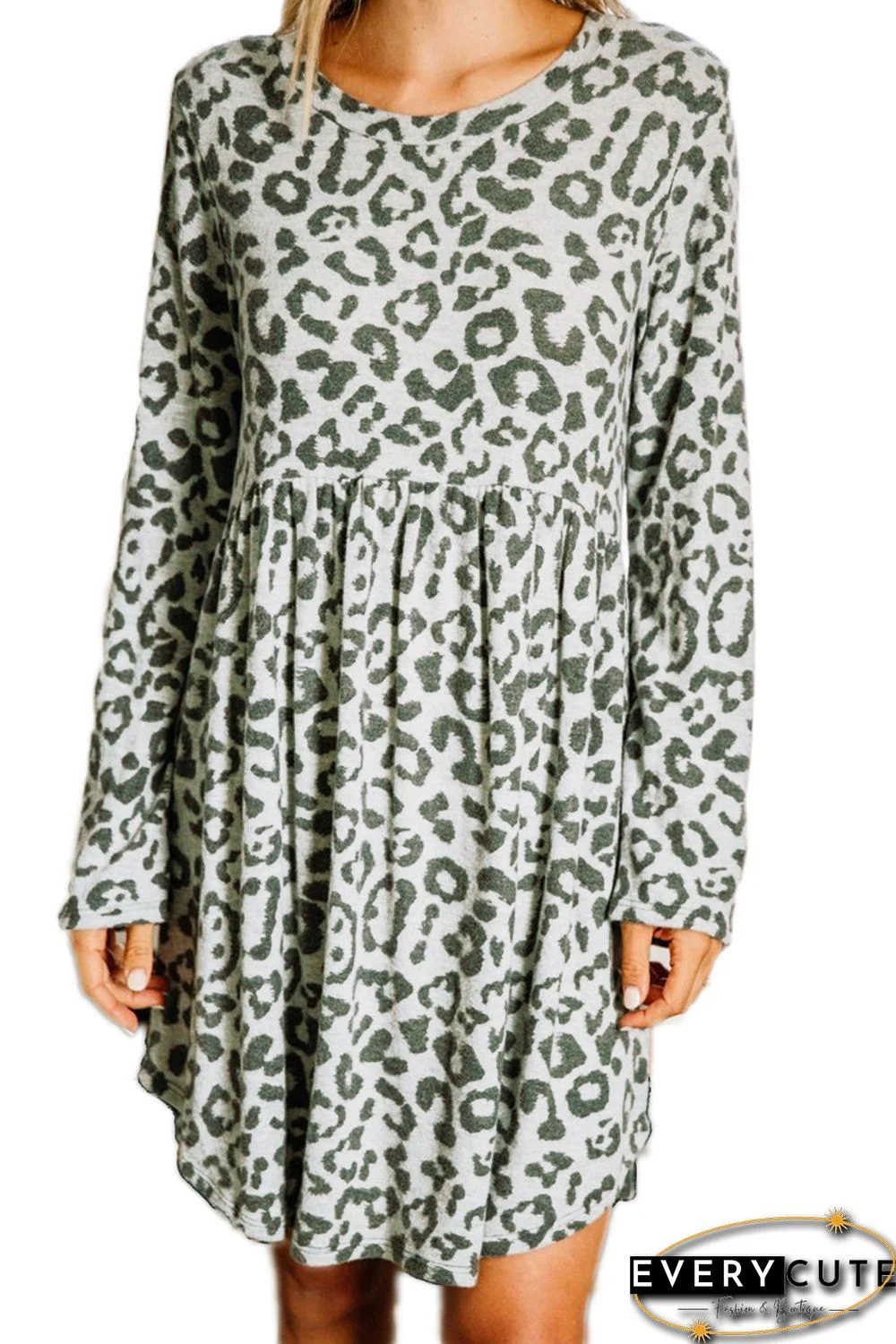 Gray Long Sleeve Leopard Print Mini Dress