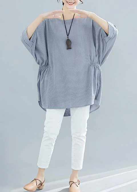 Beautiful gray striped cotton clothes For Women Batwing Sleeve loose summer blouse