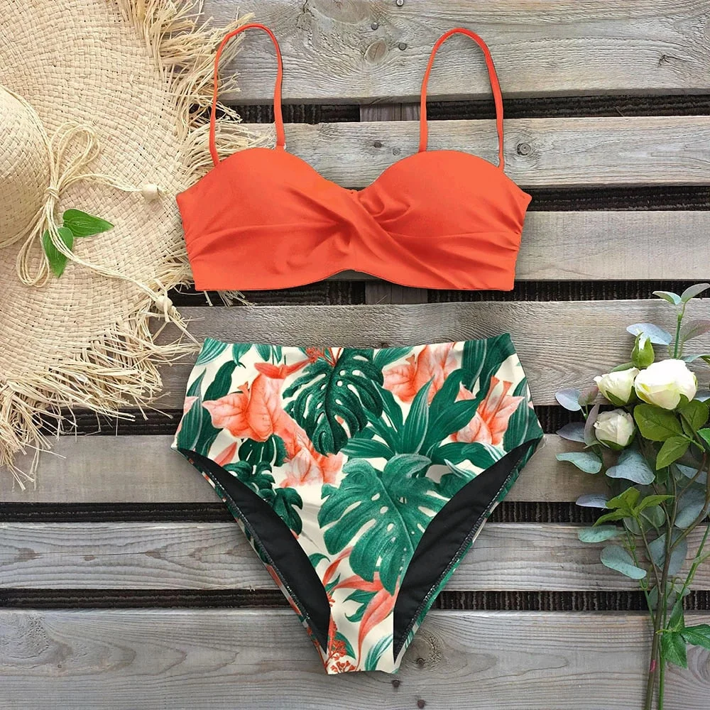 2022 Sexy Leaf Print Bikini Female Swimsuit Women Swimwear Thong Push Up Bikinis Set High Waist Swimming Suits for Bathing Suit