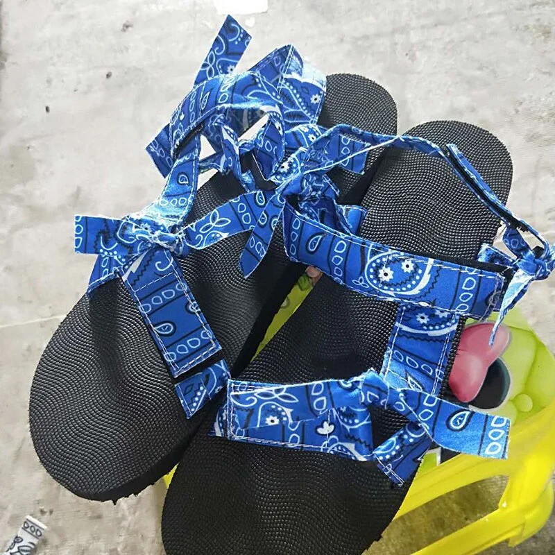 Women Flat Sandals graffiti Bandana Shoes Summer Outdoor Platform Sandals Open Toe Cute Bow Casual Ladies Beach Shoes 43