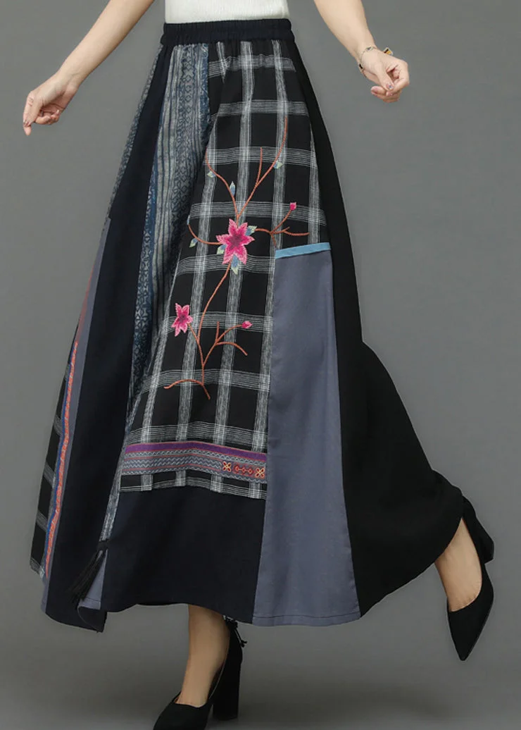 Retro Embroideried Floral Pockets Plaid Patchwork Elastic Waist Skirts Fall