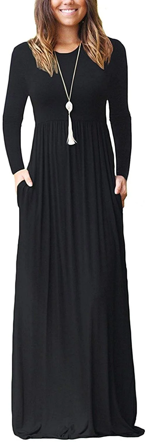 Women Short Sleeve Loose Plain Maxi Dresses Casual Long Dresses Pockets