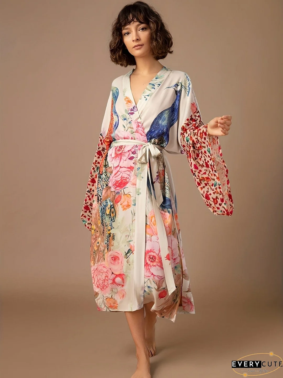 Chic Peacock and Floral Print Beach Cover-Up