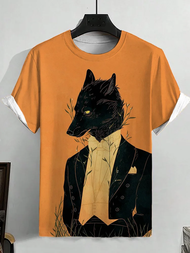 Men's Wolf Gentleman Art Print Casual T-Shirt