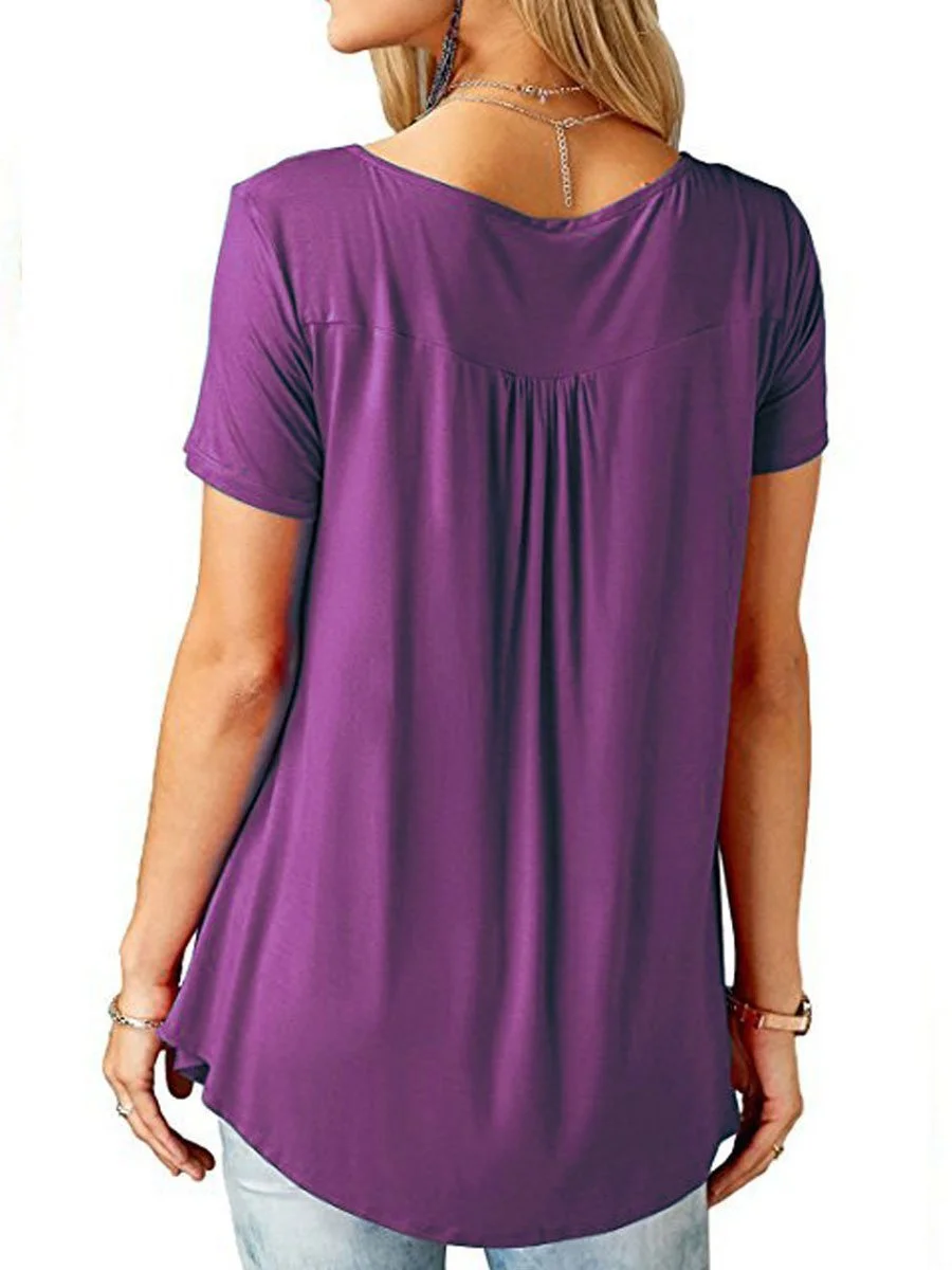 V-Neck  Asymmetric Hem Button Short Sleeve T-Shirts