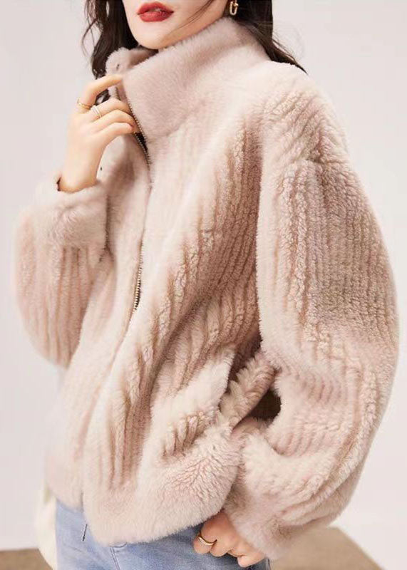 VCSHOES Pink Stand Collar Zip Up Patchwork Faux Fur Coats Fall